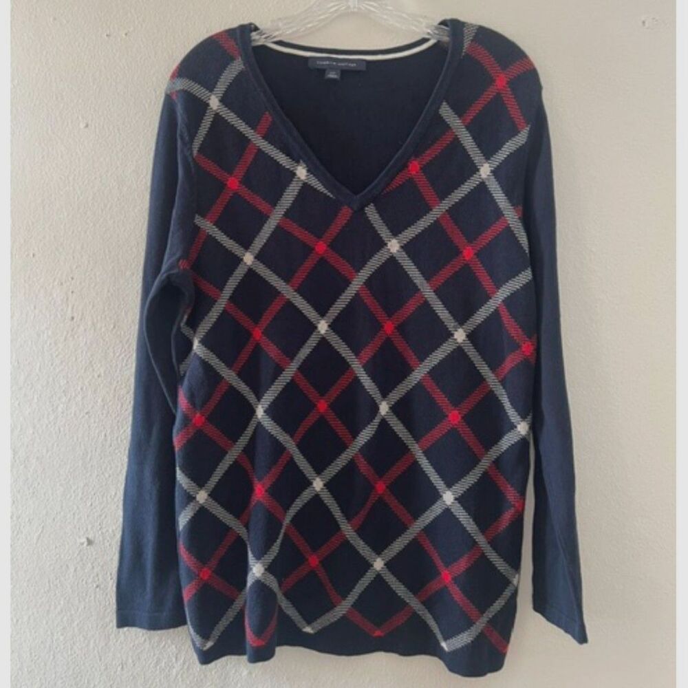 Tommy Hilfiger Mens Argyle V Neck Sweater Sz L Navy Red White Preppy Designer